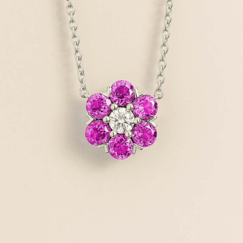 Cinq White Gold Necklace in Diamond & Vivid Pink Sapphire