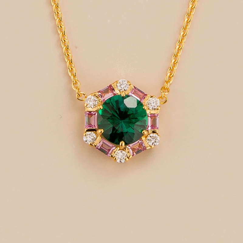 Melba Gold Necklace Set With Emerald, Pink Sapphire & Diamond