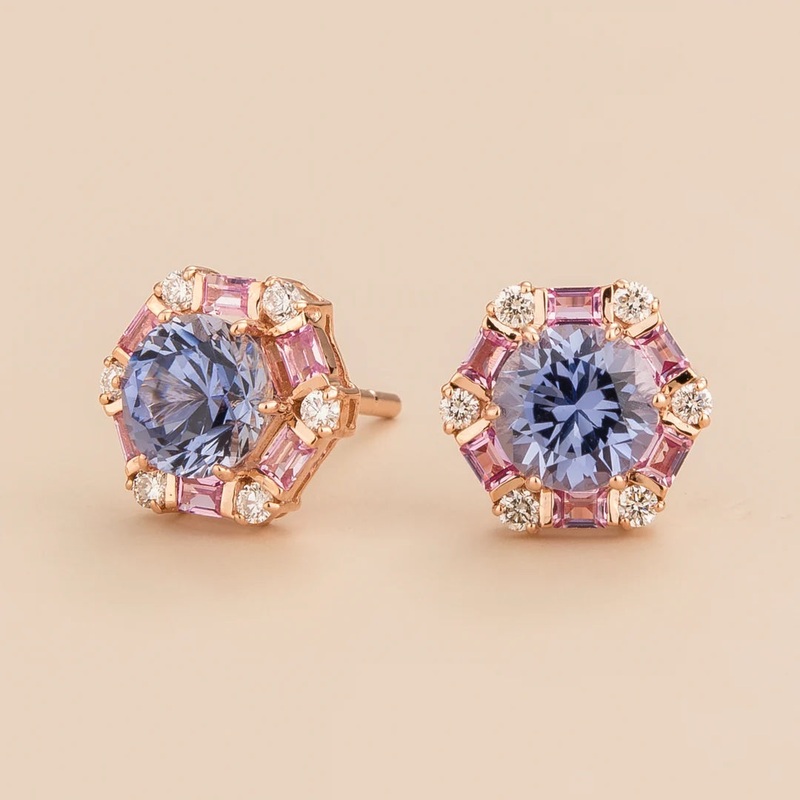 Melba Rose Gold Earrings Set With Pastel Blue Sapphire, Pink Sapphire & Diamond
