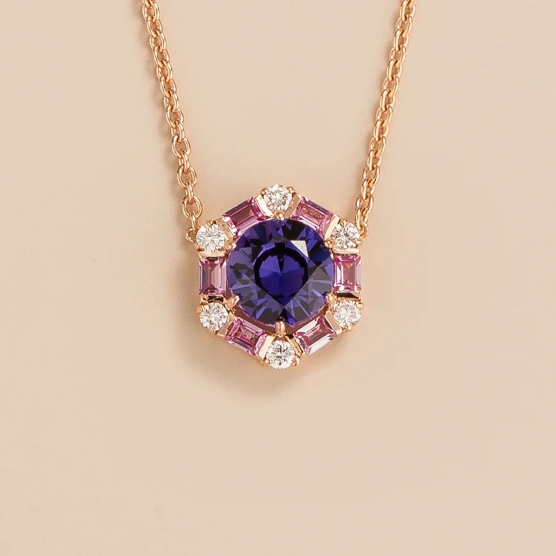 Melba Rose Gold Necklace Set With Purple Sapphire, Pink Sapphire & Diamond
