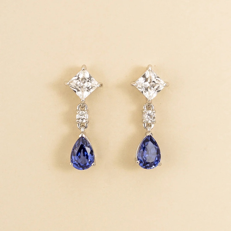 Ori White Gold Earrings Set With Diamond & Blue Sapphire