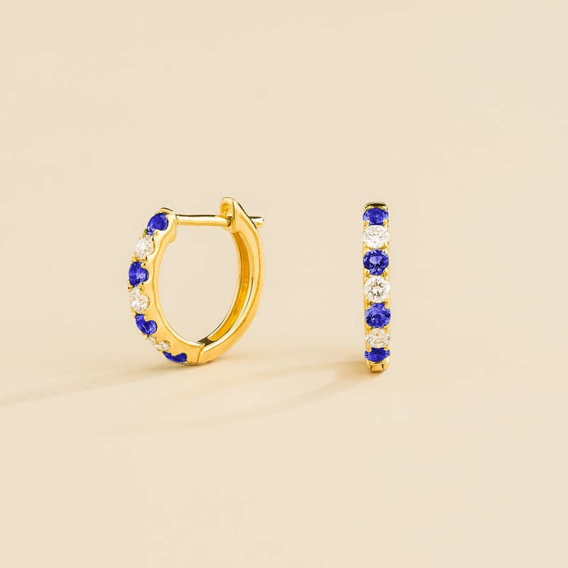 Stacy Gold Huggie Earrings set with Blue Sapphire & Diamond