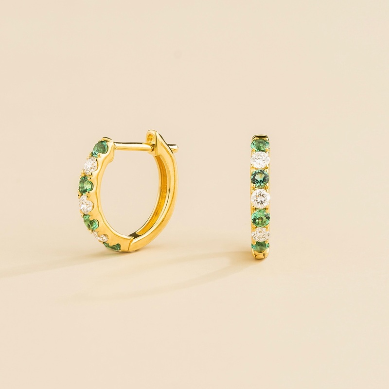 Stacy Gold Huggie Earrings set with Emerald & Diamond