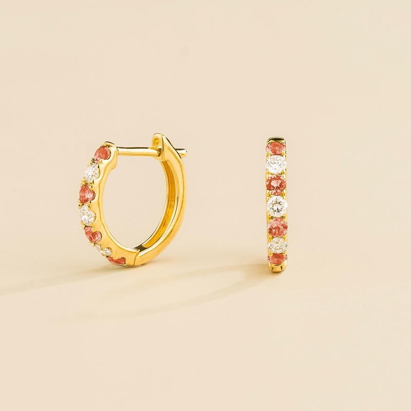 Stacy Gold Huggie Earrings set with Padparadscha Sapphire & Diamond