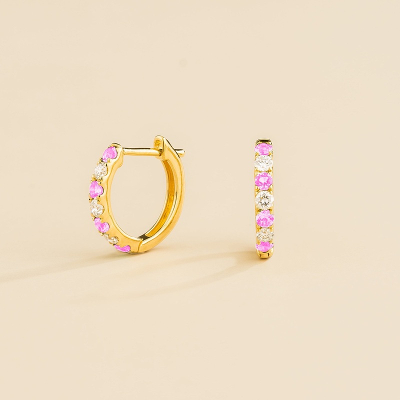 Stacy Gold Huggie Earrings set with Pink Sapphire & Diamond