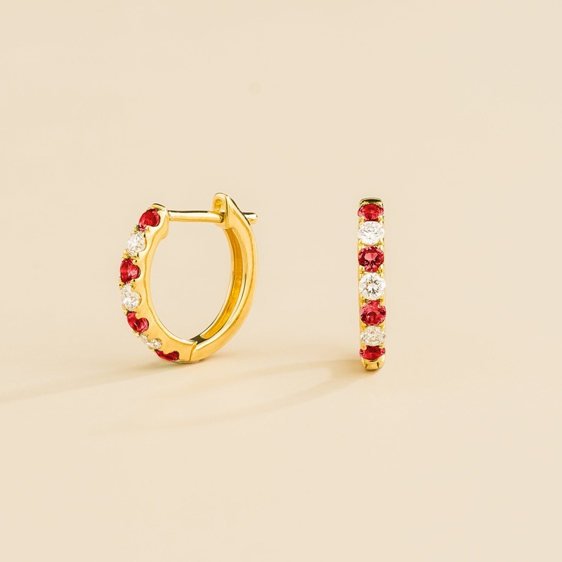 Stacy Gold Huggie Earrings set with Ruby & Diamond