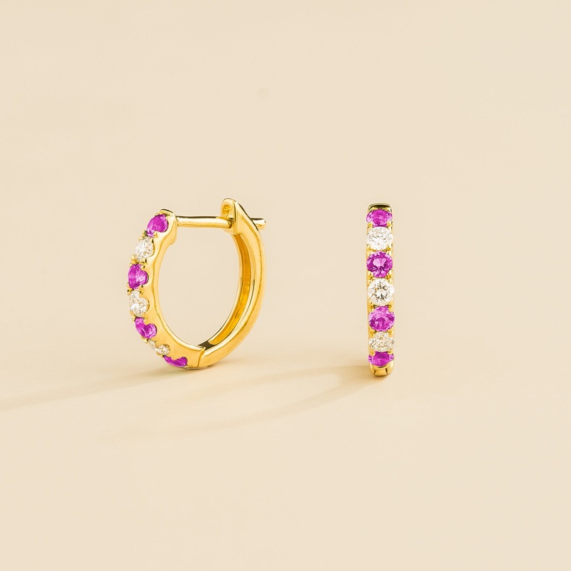 Stacy Gold Huggie Earrings set with Vivid Pink Sapphire & Diamond