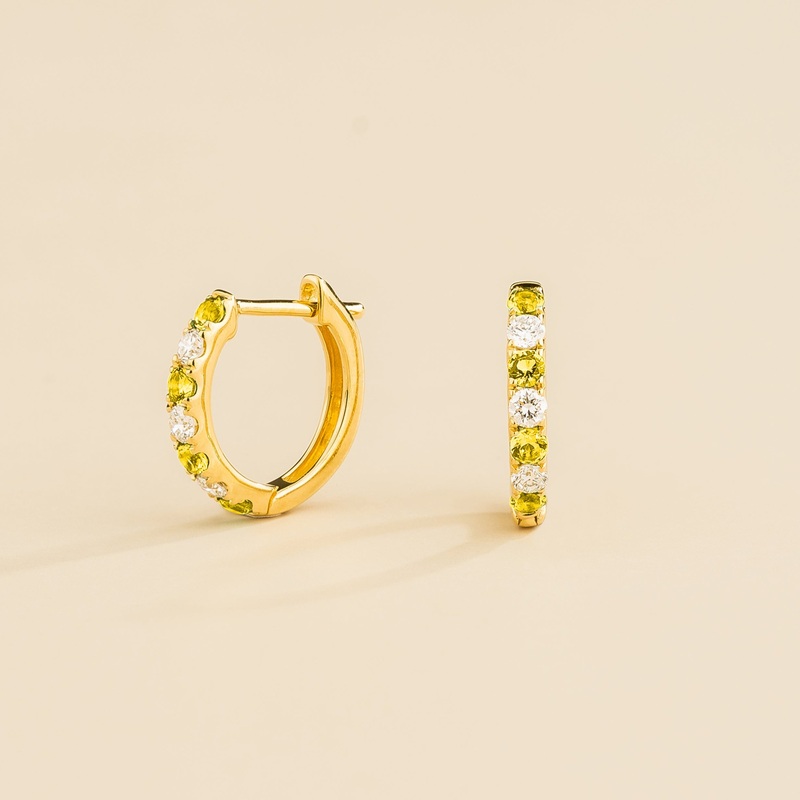 Stacy Gold Huggie Earrings Set With Yellow Sapphire & Diamond