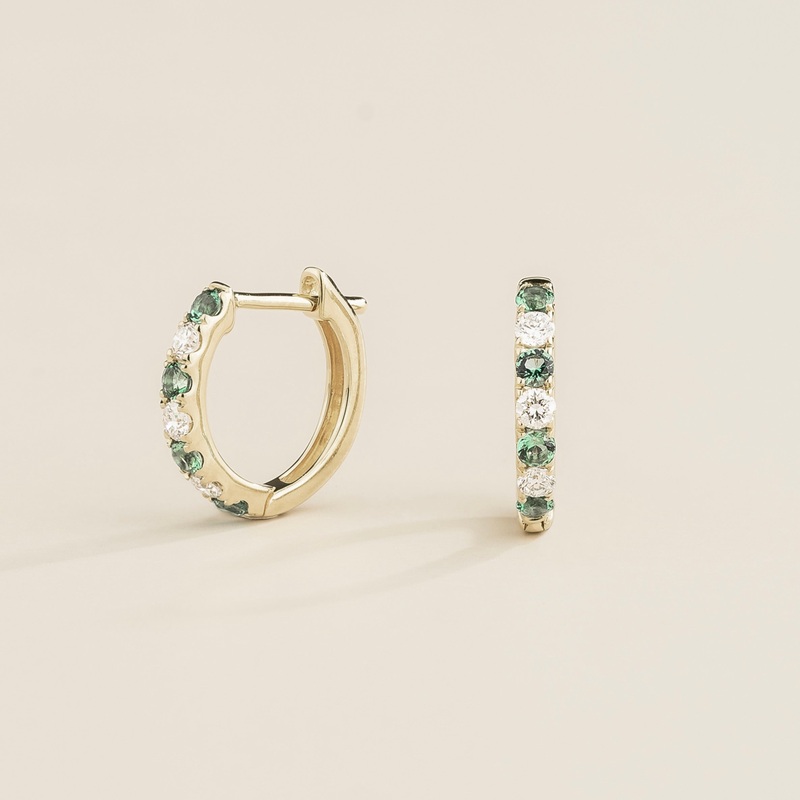 Stacy White Gold Huggie Earrings set with Emerald & Diamond