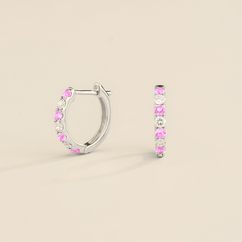 Stacy White Gold Huggie Earrings set with Pink Sapphire & Diamond