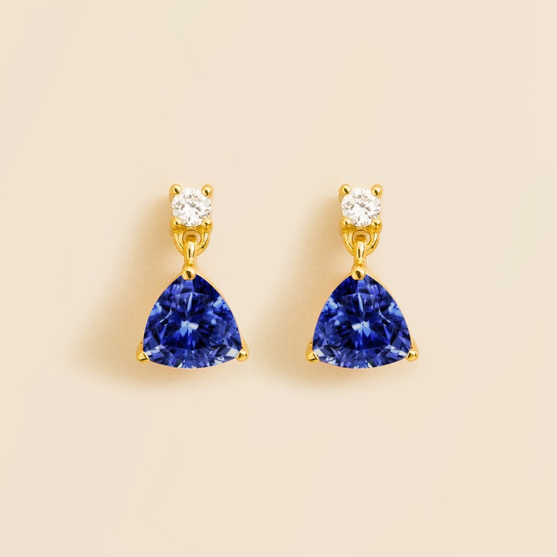 Trillion Gold Earrings Set With Blue Sapphire & Diamond