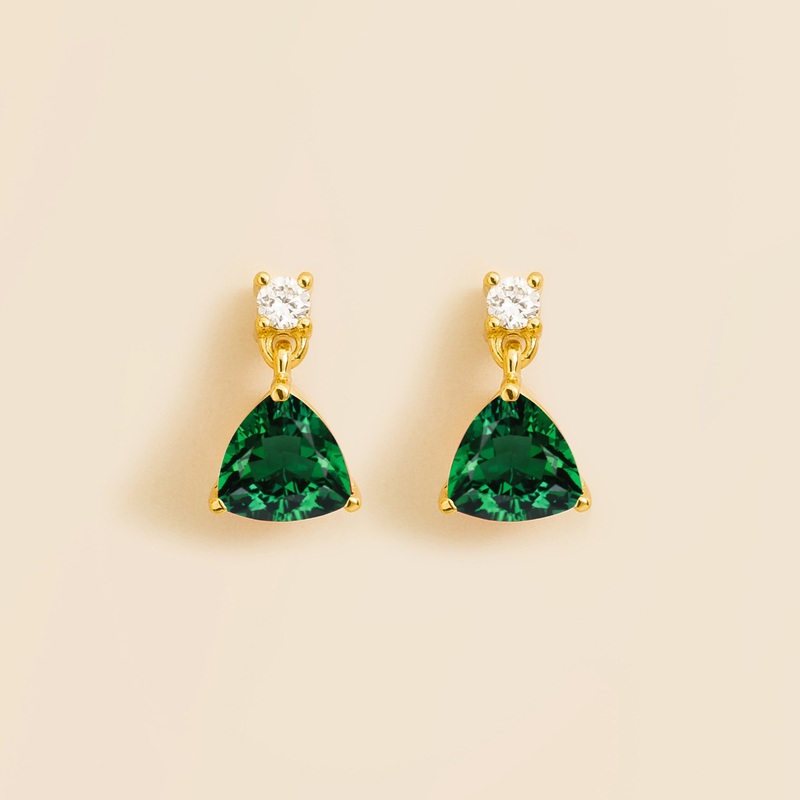 Trillion Gold Earrings Set With Emerald & Diamond