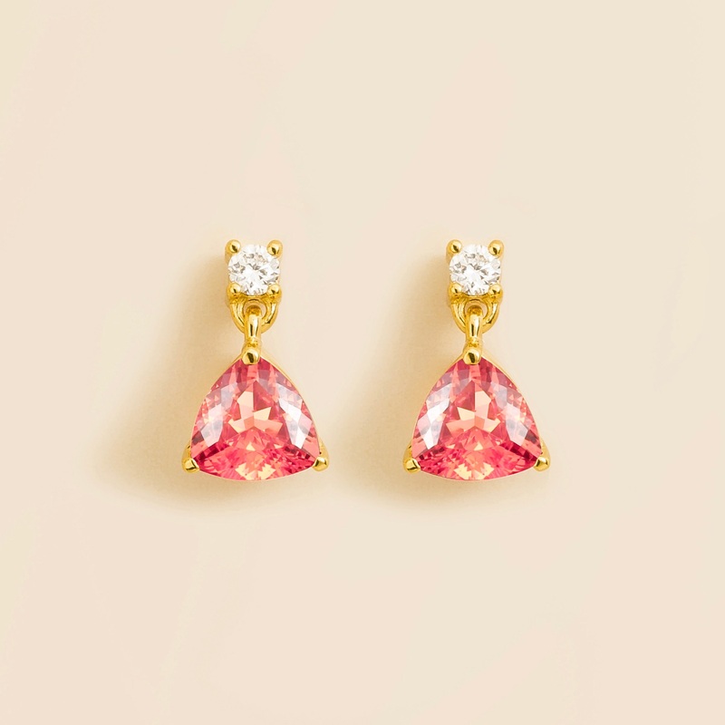 Trillion Gold Earrings Set With Padparadscha Sapphire & Diamond
