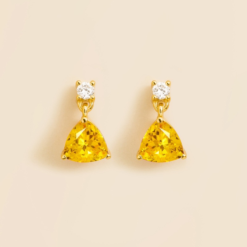 Trillion Gold Earrings Set With Yellow Sapphire & Diamond