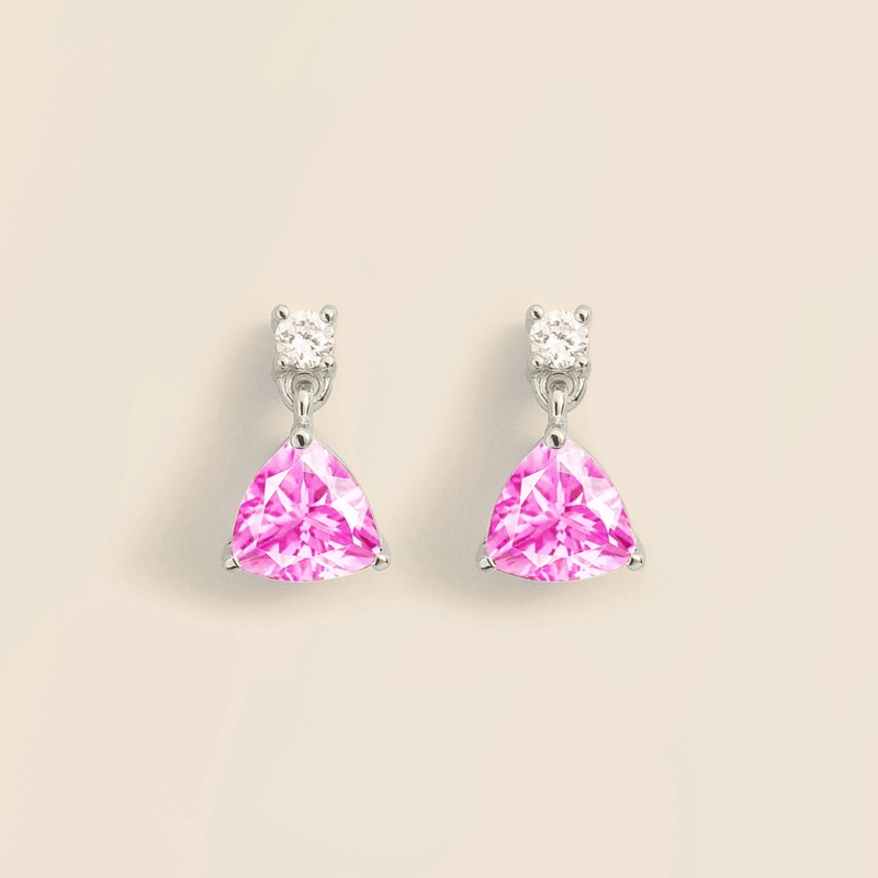 Trillion White Gold Earrings Set With Pastel Pink Sapphire & Diamond