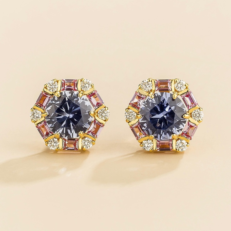 Melba Gold Earrings Set With Pastel Blue Sapphire, Pink Sapphire & Diamond