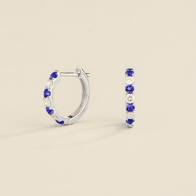 Stacy White Gold Huggie Earrings Set With Blue Sapphire & Diamond