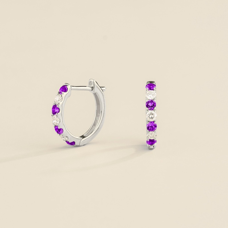 Stacy White Gold Huggie Earrings set with Purple Sapphire & Diamond