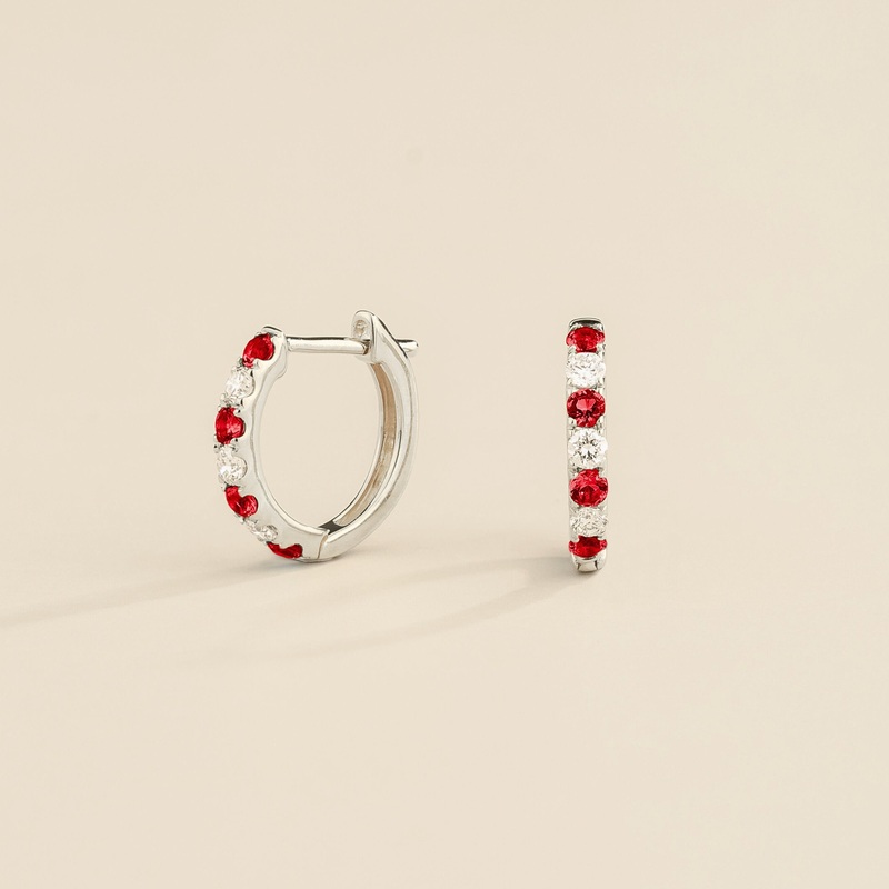 Stacy White Gold Huggie Earrings set with Ruby & Diamond