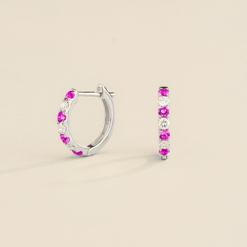 Stacy White Gold Huggie Earrings Set With Vivid Pink Sapphire & Diamond